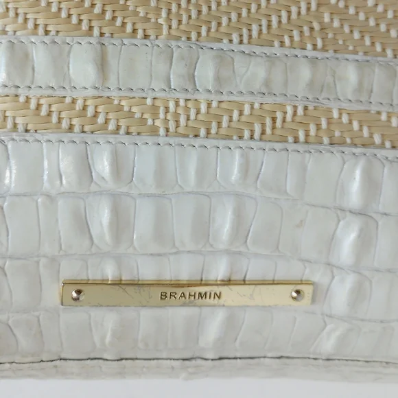 Brahmin Snowball Raffia And Croc Embossed Leather Crossbody Satchel Purse - Picture 4 of 9